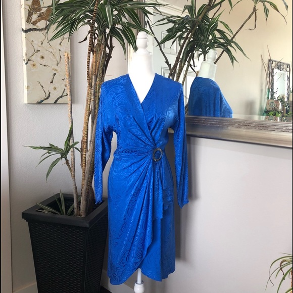 VTG 80s Lauren Alexandra Blue Silk Faux Wrap Dress - Picture 2 of 11